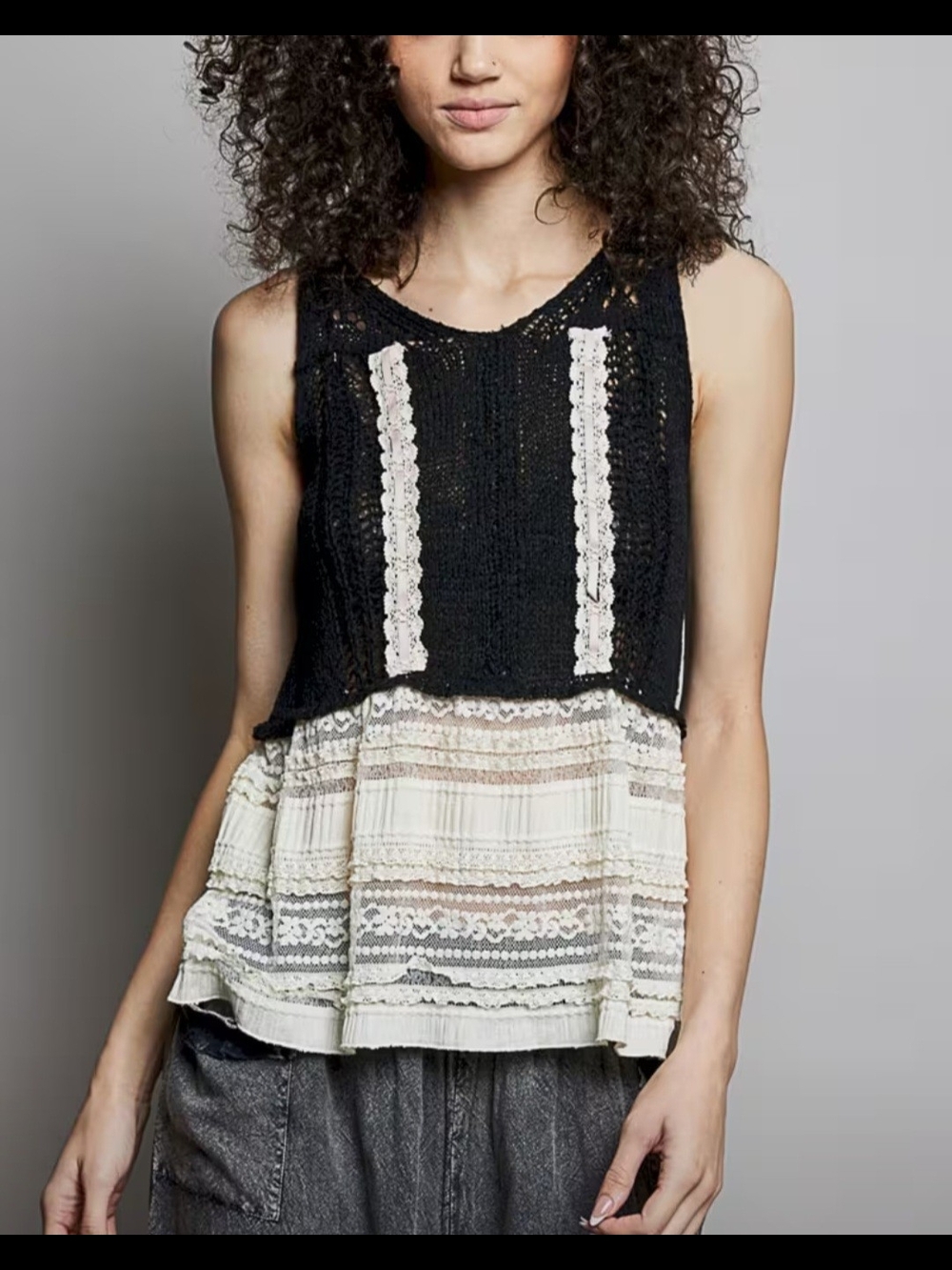 POL Black Crochet Tank with Cream Lace Peplum